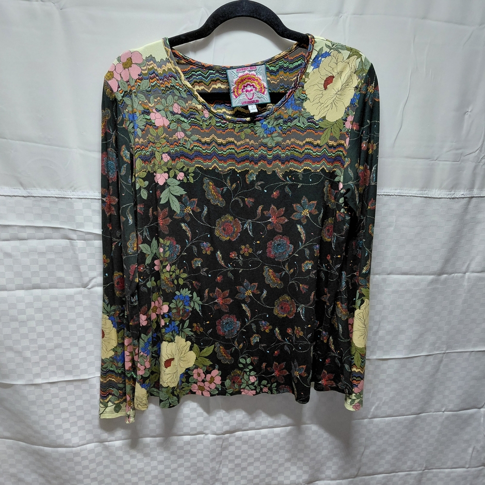 Retro Floral Long Sleeve Top - Black/Multi